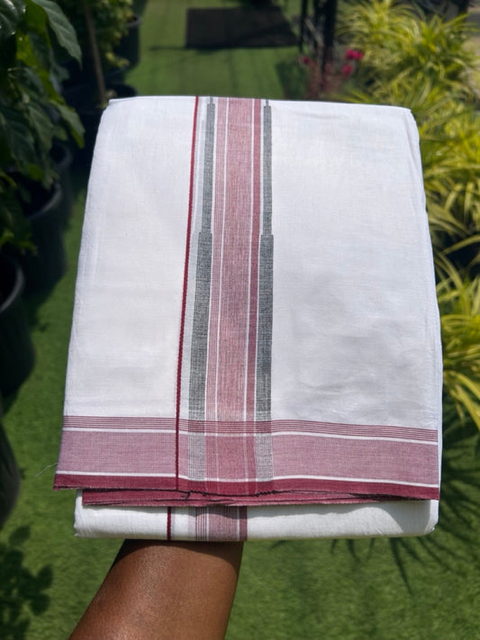 20% DISCOUNT!! Kaitharikada Balaramapuram 100% Cotton PURE WHITE Double Mundu/Dothi-80X90 - 1.75 Inch Maroon & Black Striped Chutty Kara 3.70m (8 Muzham) - 47KK5115THI