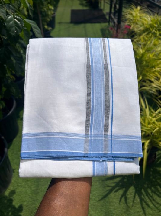 20% DISCOUNT!! Kaitharikada Balaramapuram 100% Cotton PURE WHITE Double Mundu/Dothi-80X90 - 1.75 Inch Sky Blue & Black Striped Chutty Kara 3.70m (8 Muzham) - 46KK5115THI