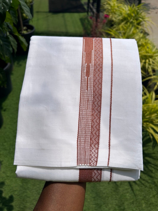 20% DISCOUNT!! Kaitharikada Balaramapuram 100% Cotton PURE WHITE Double Mundu/Dothi - 80X90 - 1.5 Inch Walnut Brown design Kara 3.70 m (8 Muzham) - 54KK5115THI