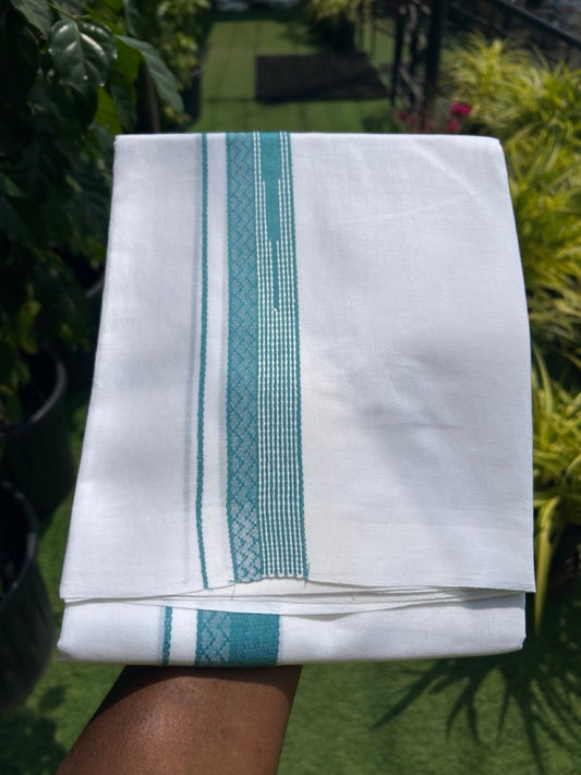 20% DISCOUNT!! Kaitharikada Balaramapuram 100% Cotton PURE WHITE Double Mundu/Dothi - 80X90 - 1.5 Inch Marine Teal Blue design Kara 3.70 m (8 Muzham) - 55KK5115THI