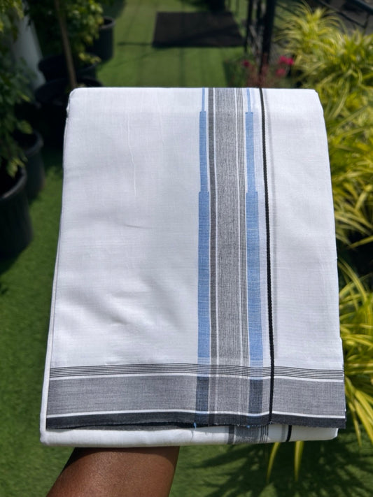 20% DISCOUNT!! Kaitharikada Balaramapuram 100% Cotton PURE WHITE Double Mundu/Dothi-80X90 - 1.75 Inch Light Blue & Black Striped Chutty Kara 3.70m (8 Muzham) - 50KK5115THI