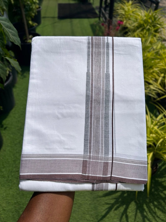 20% DISCOUNT!! Kaitharikada Balaramapuram 100% Cotton PURE WHITE Double Mundu/Dothi-80X90 - 1.75 Inch Chocolate Brown & Black Striped Chutty Kara 3.70m (8 Muzham) - 51KK5115THI