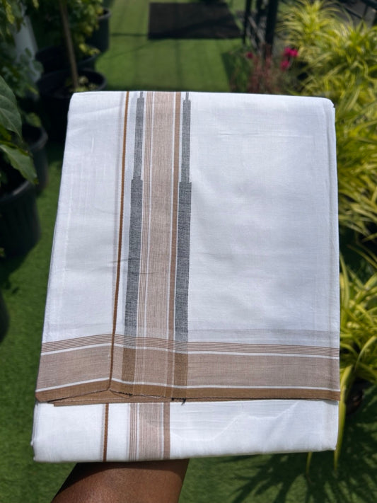 20% DISCOUNT!! Kaitharikada Balaramapuram 100% Cotton PURE WHITE Double Mundu/Dothi-80X90 - 1.75 Inch Brown & Black Striped Chutty Kara 3.70m (8 Muzham) - 52KK5115THI