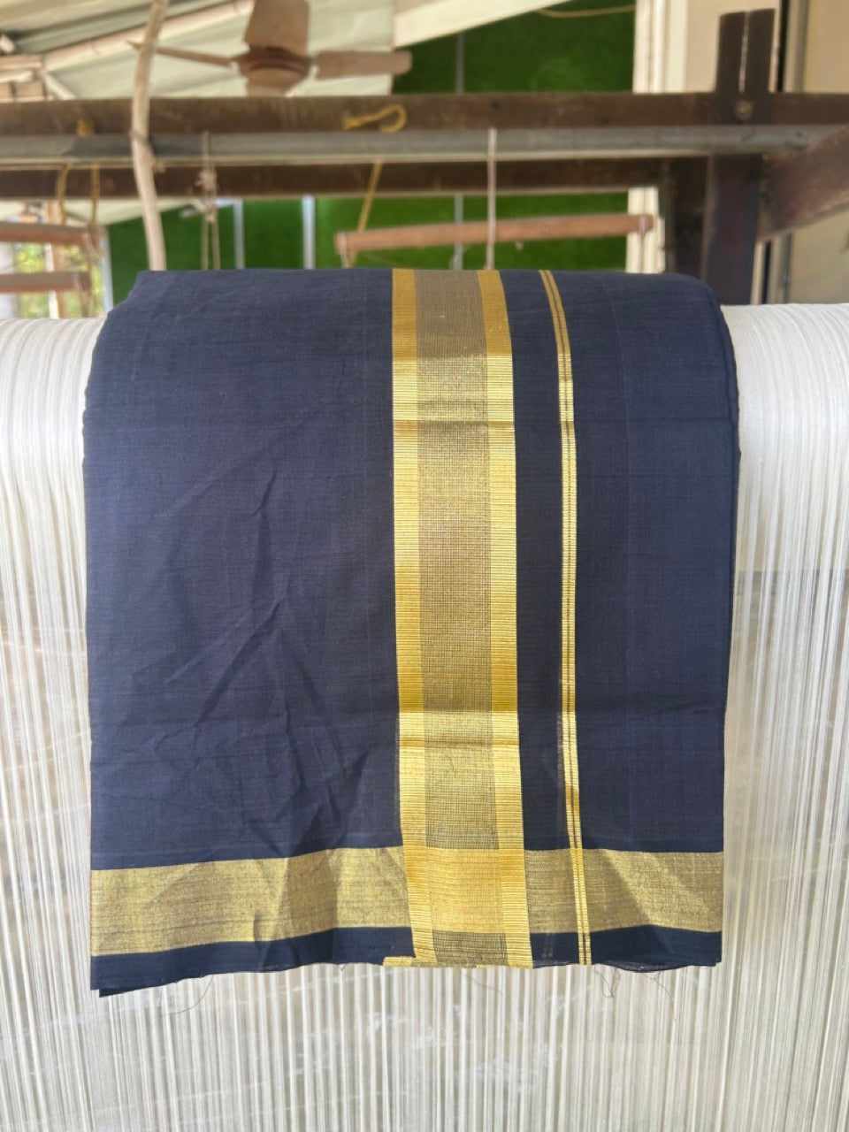 36% Discount! KaithariKada Handloom Unakkupaav Balaramapuram - 100% Cotton Double Mundu/Dhoti - Black colour Body & 2.75 Inch kasavu striped kara - 4KK5121ABH