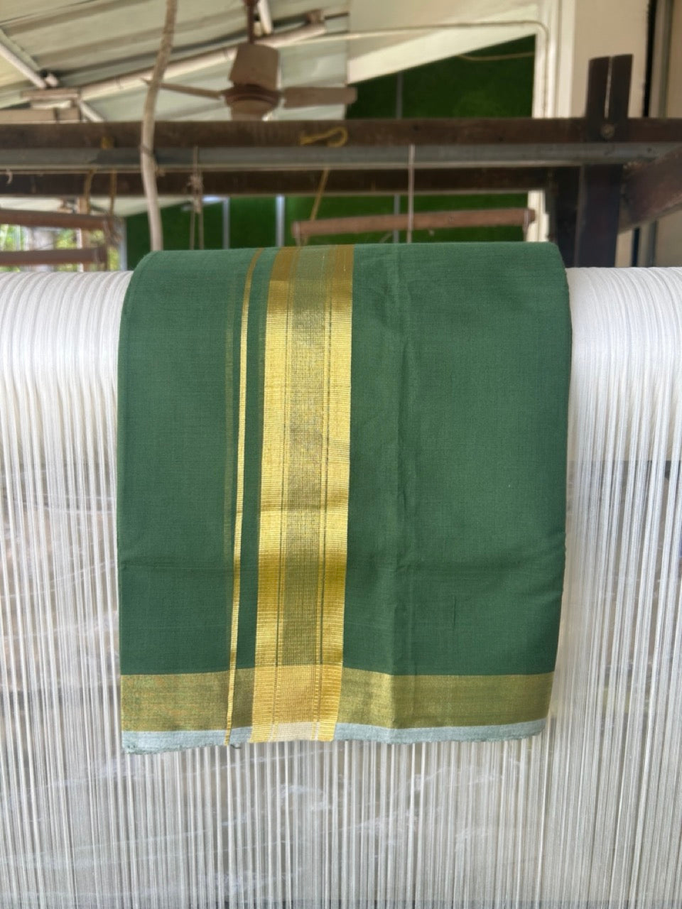 36% Discount! KaithariKada Handloom Unakkupaav Balaramapuram - 100% Cotton Double Mundu/Dhoti - Forest Green colour Body & 2.5 Inch kasavu striped kara - 3KK5121ABH