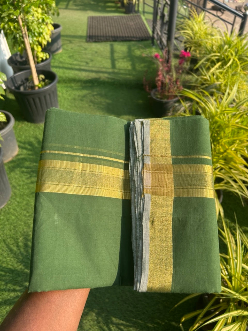 36% Discount! KaithariKada Handloom Unakkupaav Balaramapuram - 100% Cotton Double Mundu/Dhoti - Forest Green colour Body & 2.5 Inch kasavu striped kara - 3KK5121ABH