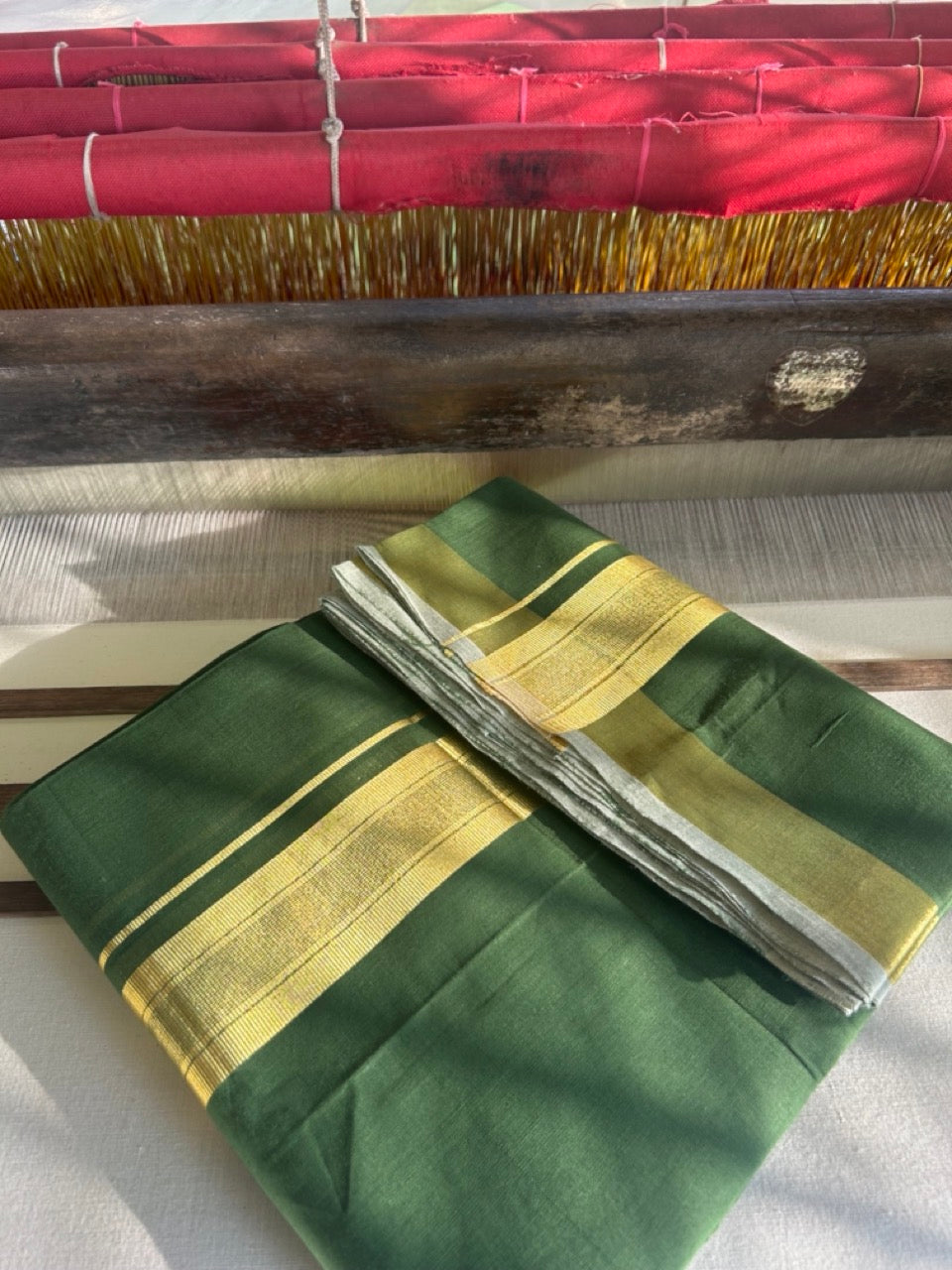 36% Discount! KaithariKada Handloom Unakkupaav Balaramapuram - 100% Cotton Double Mundu/Dhoti - Forest Green colour Body & 2.5 Inch kasavu striped kara - 3KK5121ABH