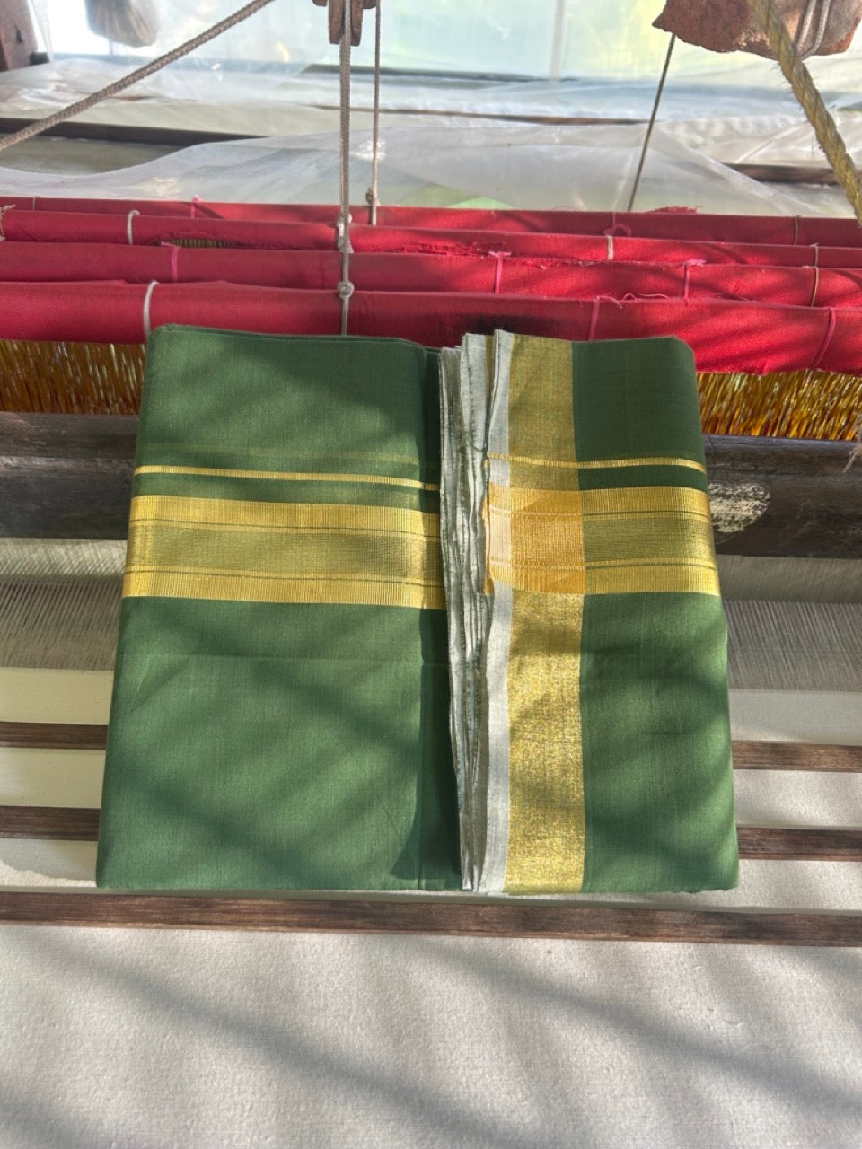 36% Discount! KaithariKada Handloom Unakkupaav Balaramapuram - 100% Cotton Double Mundu/Dhoti - Forest Green colour Body & 2.5 Inch kasavu striped kara - 3KK5121ABH