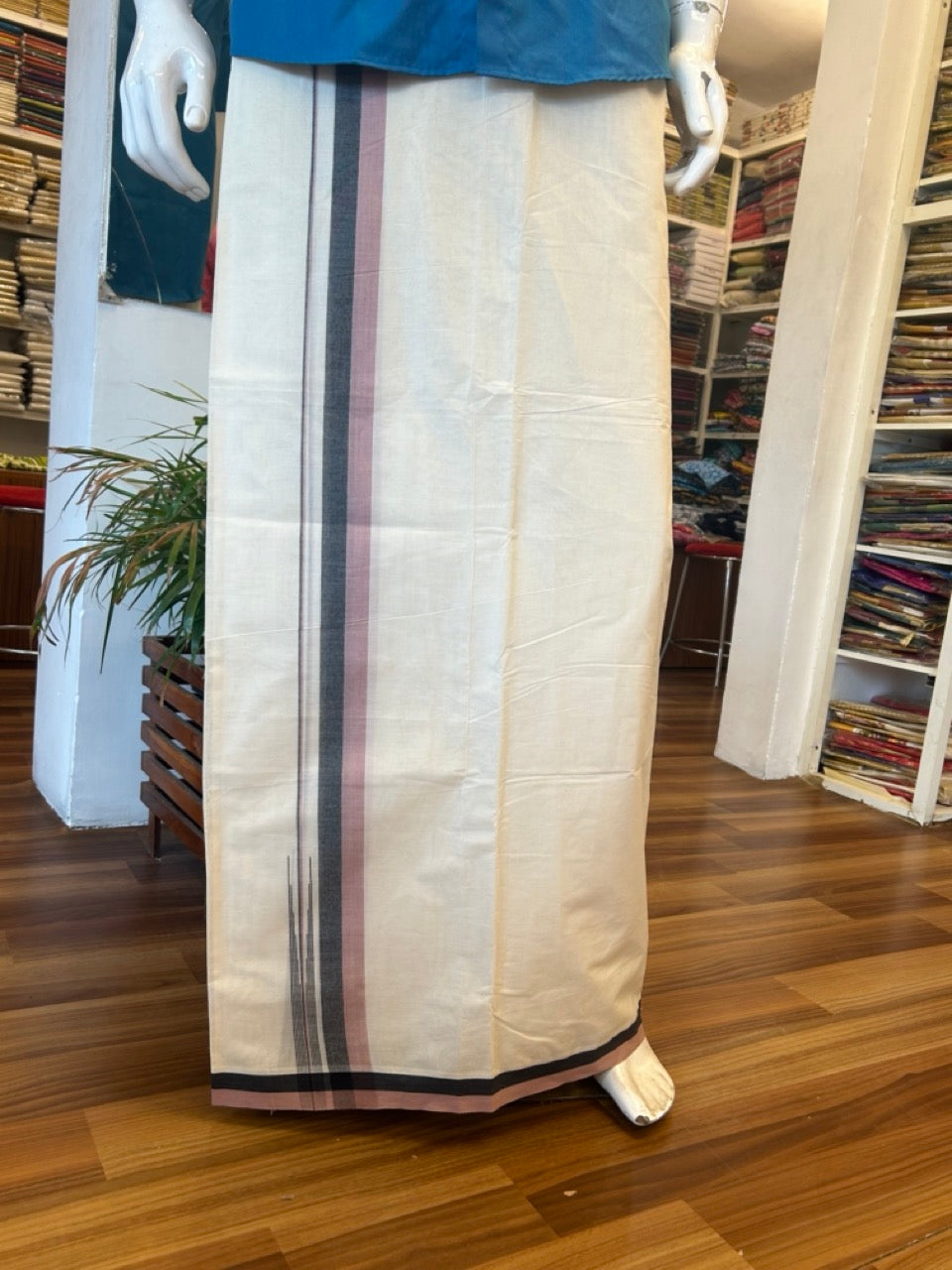 5% Discount!!! KaithariKada Balaramapuram  Double Off white - (Unbleached) Mundu/Dhoti - 80X90 - 1.75 inch Black & Dusty Rose shaded puliyilakkara striped chutty - 10KK5037KAI