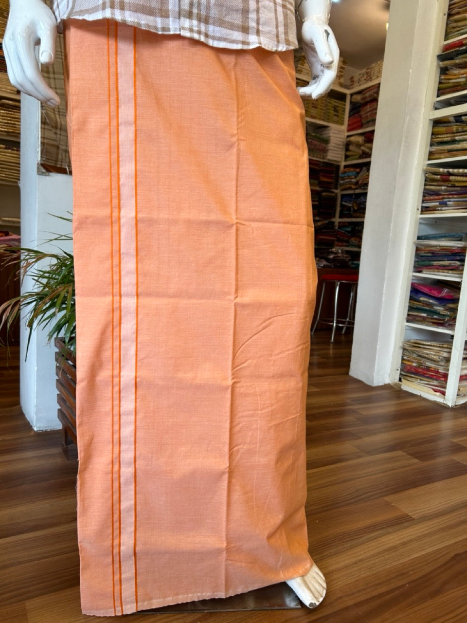 45% Discount !! KaithariKada 100% Pure Cotton - Colour Mundu Single Mundu/ Dhothi 1.5inch White Shaded Kara & Orange COLOUR BODY  - 4KK5039ASH