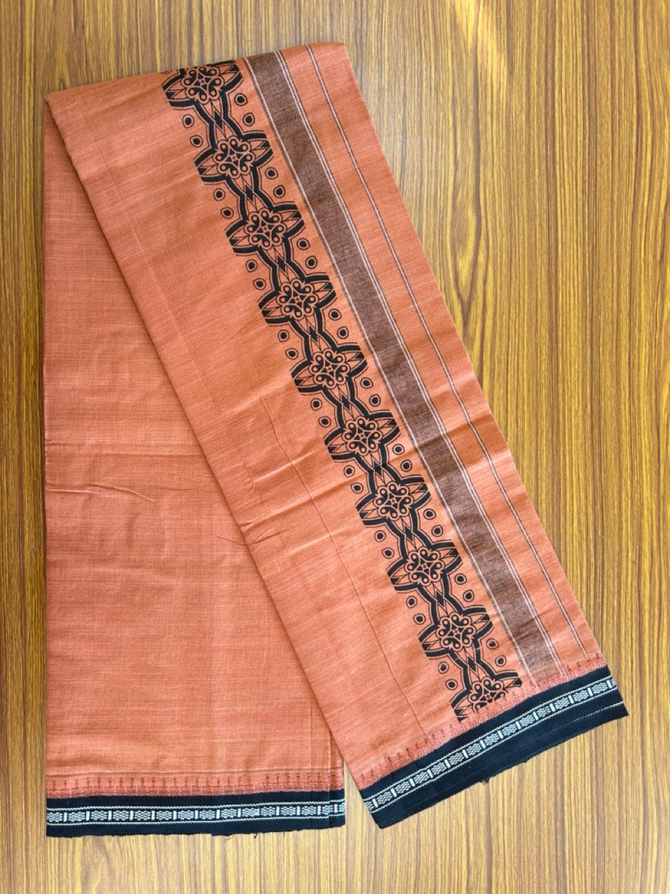 12% Discount!!! Kaitharikada Pure Cotton - Single Kaily / Lungi - 4.75 inch Black printed kuppadam kara with Kavi colour body - 1KK8013AS