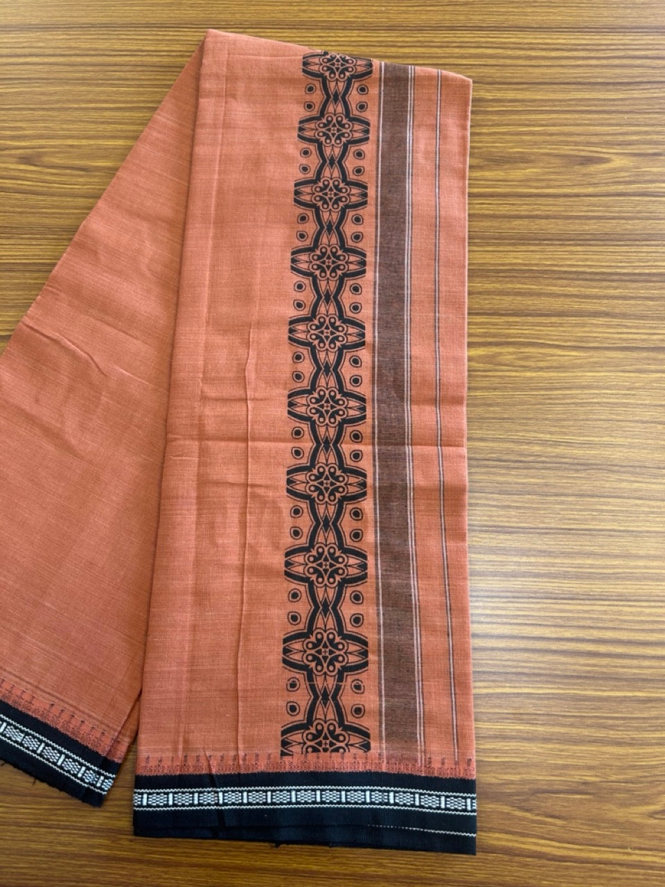 12% Discount!!! Kaitharikada Pure Cotton - Single Kaily / Lungi - 4.75 inch Black printed kuppadam kara with Kavi colour body - 1KK8013AS