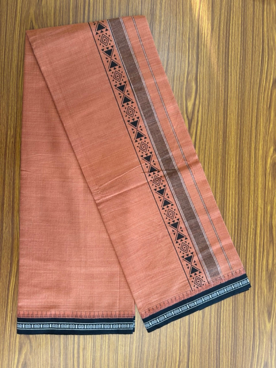 12% Discount!!! Kaitharikada Pure Cotton - Single Kaily / Lungi - 3.25 inch Black printed kuppadam kara with Kavi colour body - 2KK8013AS