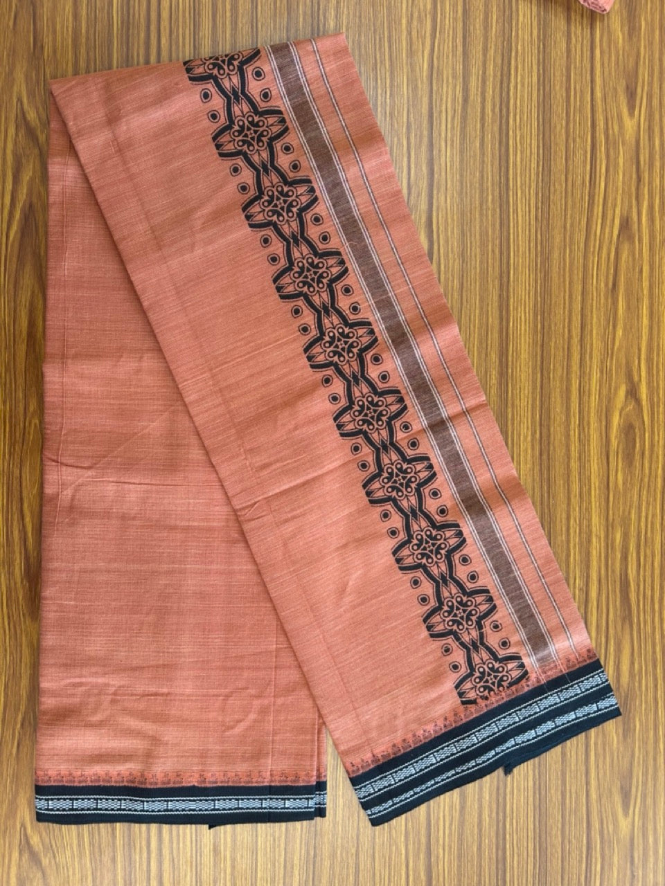 12% Discount!!! Kaitharikada Pure Cotton - Single Kaily / Lungi - 4 inch Black printed kuppadam kara with Kavi colour body - 3KK8013AS