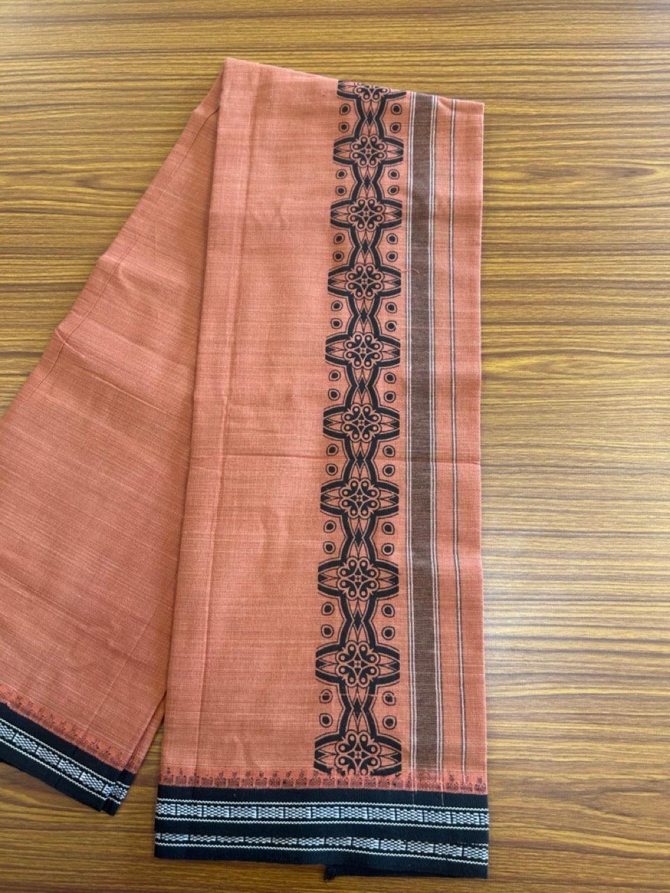 12% Discount!!! Kaitharikada Pure Cotton - Single Kaily / Lungi - 4 inch Black printed kuppadam kara with Kavi colour body - 3KK8013AS