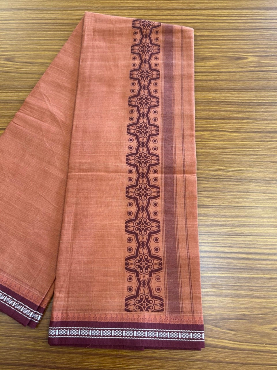 12% Discount!!! Kaitharikada Pure Cotton - Single Kaily / Lungi - 4 inch Maroon printed kuppadam kara with Kavi colour body - 14KK8013AS