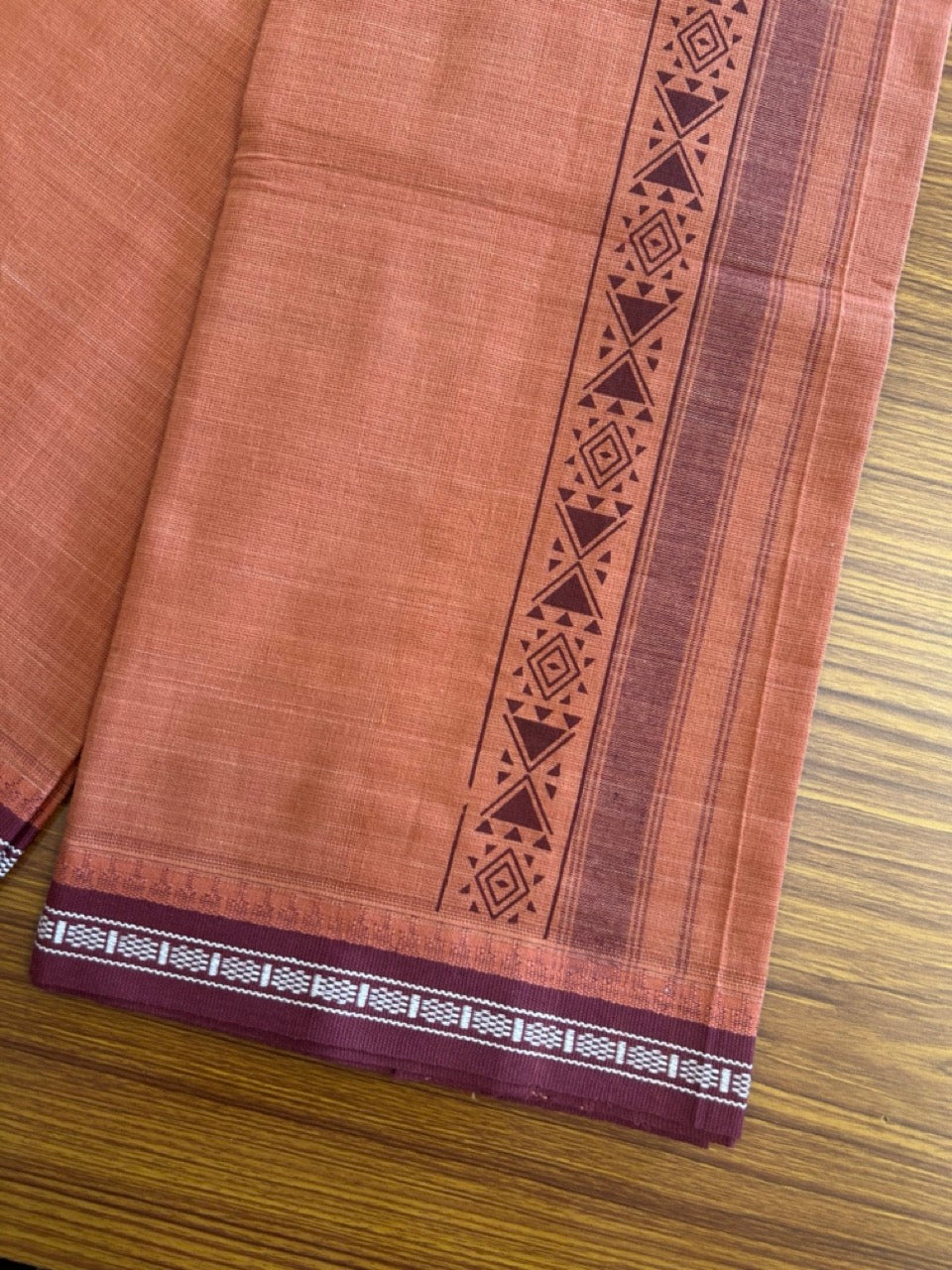 12% Discount!!! Kaitharikada Pure Cotton - Single Kaily / Lungi - 3.25 inch Maroon printed kuppadam kara with Kavi colour body - 15KK8013AS