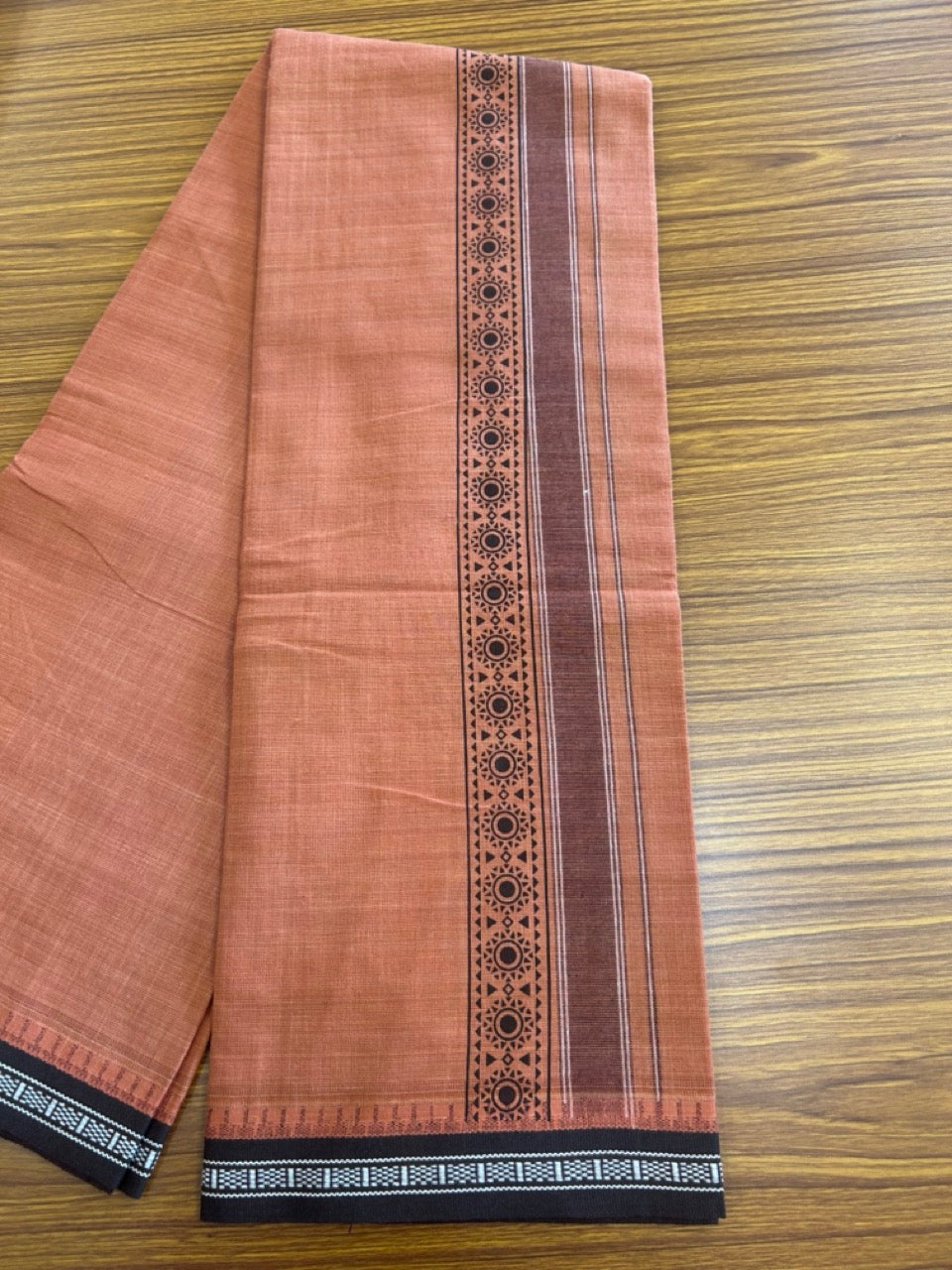 12% Discount!!! Kaitharikada Pure Cotton - Single Kaily / Lungi - 3 inch Dark Brown printed kuppadam kara with Kavi colour body - 17KK8013AS