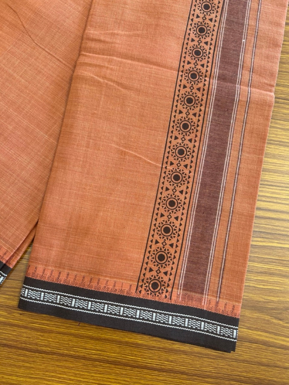 12% Discount!!! Kaitharikada Pure Cotton - Single Kaily / Lungi - 3 inch Dark Brown printed kuppadam kara with Kavi colour body - 17KK8013AS