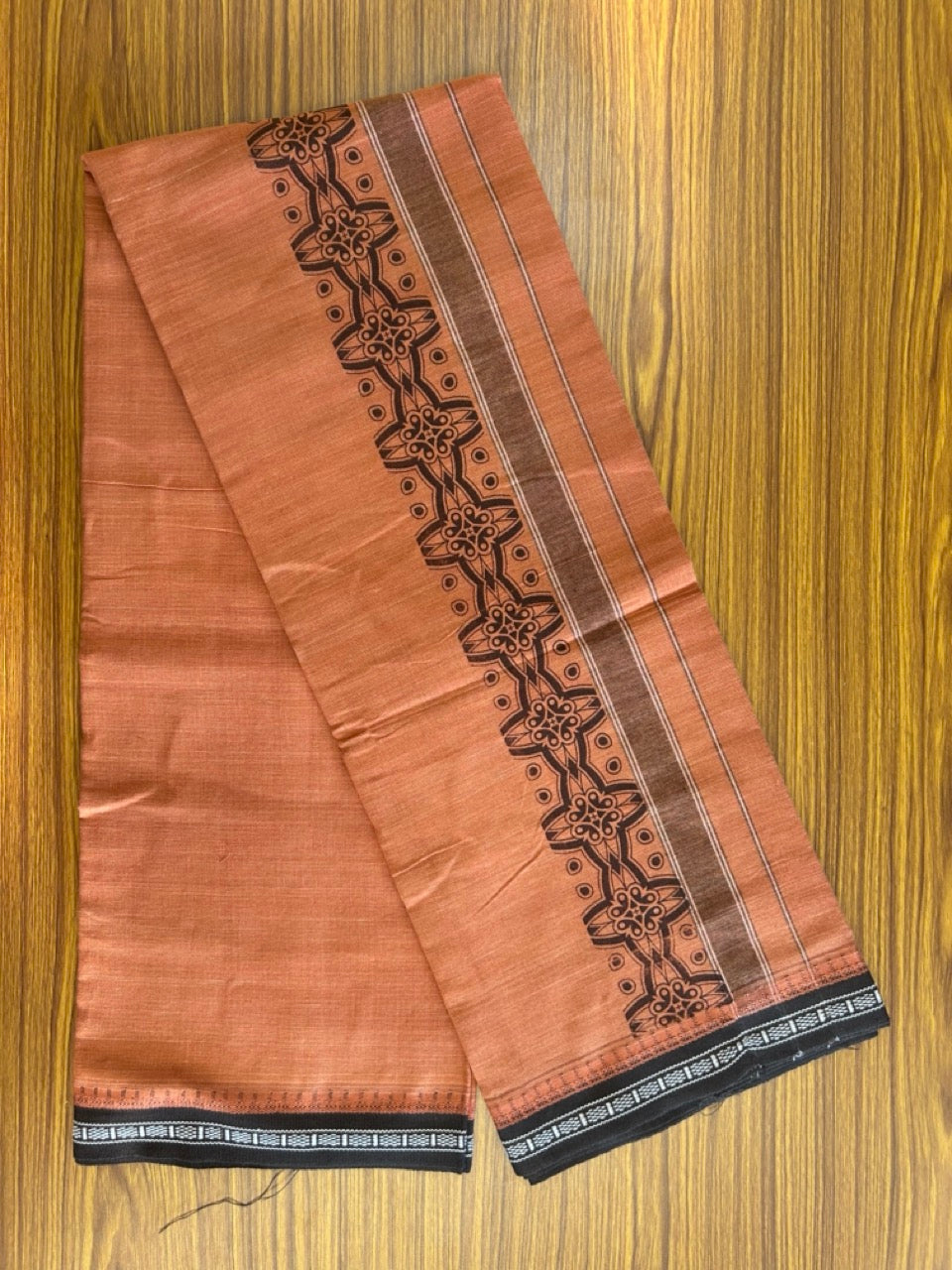 12% Discount!!! Kaitharikada Pure Cotton - Single Kaily / Lungi - 4 inch Dark Brown printed kuppadam kara with Kavi colour body - 16KK8013AS