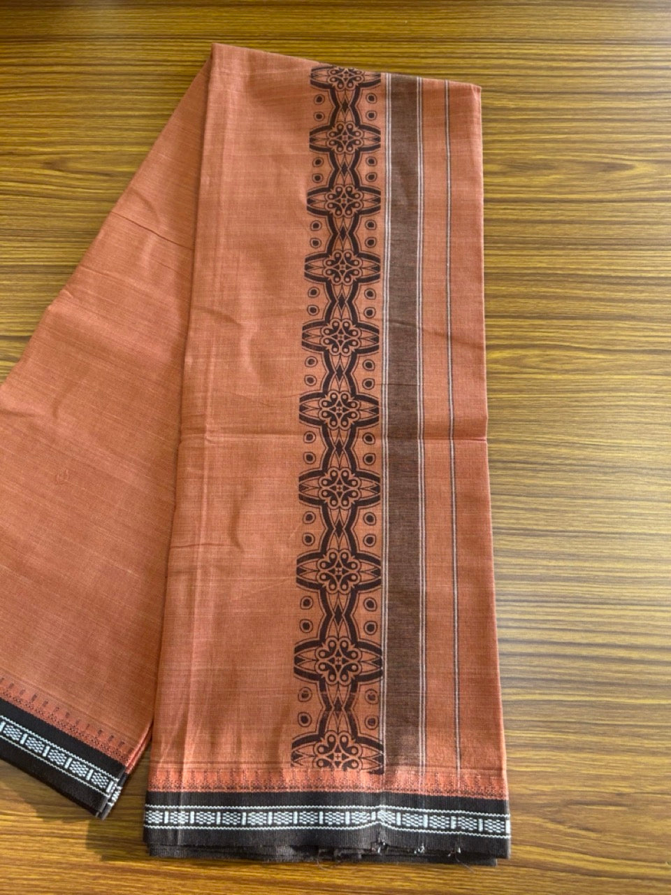 12% Discount!!! Kaitharikada Pure Cotton - Single Kaily / Lungi - 4 inch Dark Brown printed kuppadam kara with Kavi colour body - 16KK8013AS