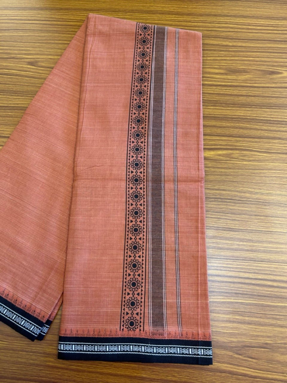 12% Discount!!! Kaitharikada Pure Cotton - Single Kaily / Lungi - 3.5 inch Black printed kuppadam kara with Kavi colour body - 20KK8013AS