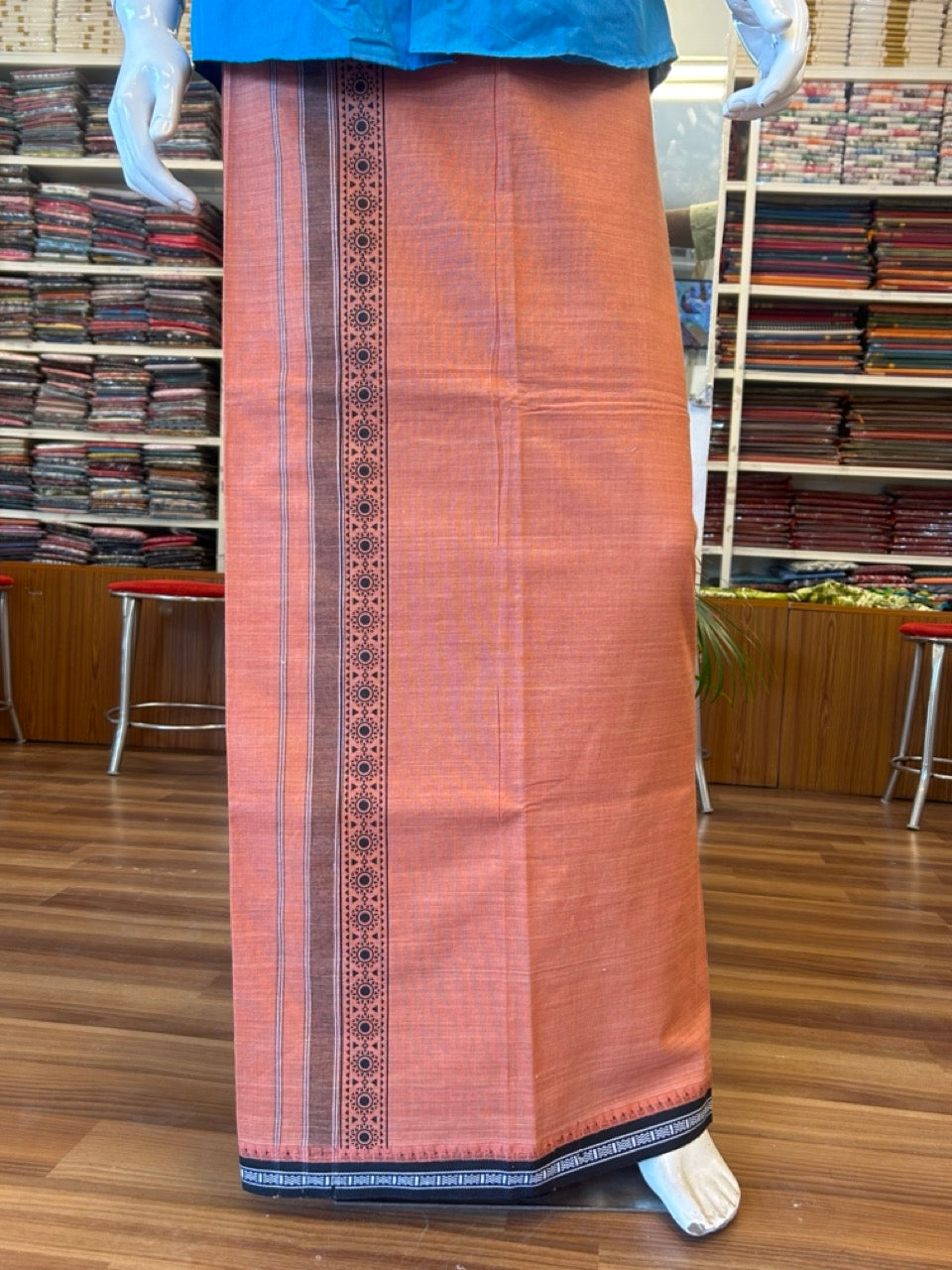 12% Discount!!! Kaitharikada Pure Cotton - Single Kaily / Lungi - 3.5 inch Black printed kuppadam kara with Kavi colour body - 20KK8013AS