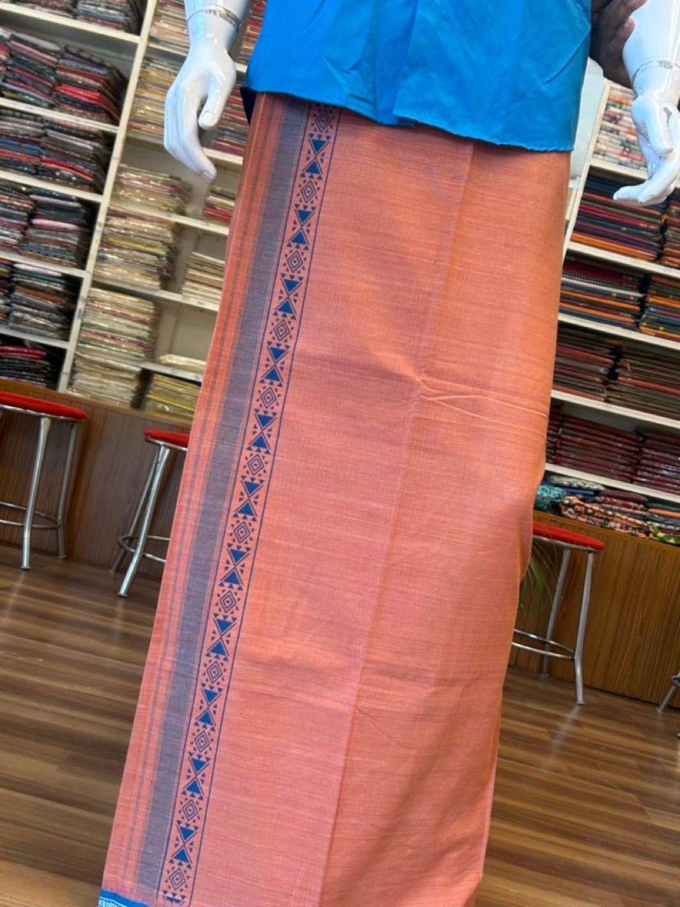 12% Discount!!! Kaitharikada Pure Cotton - Single Kaily / Lungi - 3.25 inch Peacock blue printed kuppadam kara with Kavi colour body - 6KK8013AS