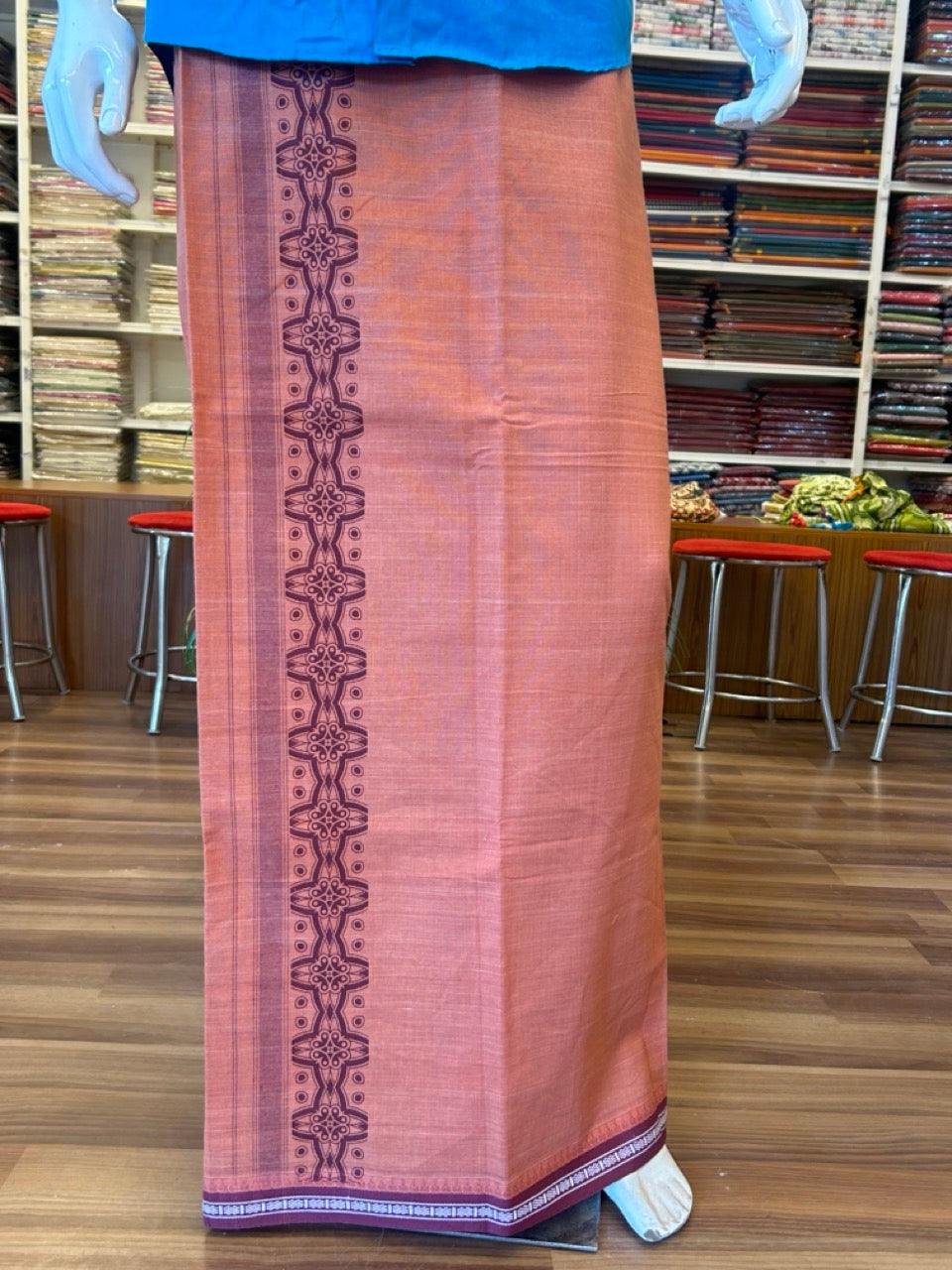 12% Discount!!! Kaitharikada Pure Cotton - Single Kaily / Lungi - 4 inch Maroon printed kuppadam kara with Kavi colour body - 14KK8013AS