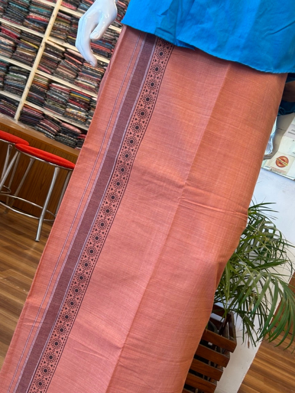 12% Discount!!! Kaitharikada Pure Cotton - Single Kaily / Lungi - 3 inch Dark Brown printed kuppadam kara with Kavi colour body - 17KK8013AS