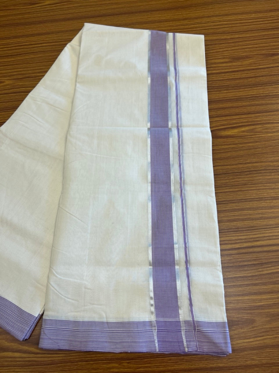 15% DISCOUNT!! KaithariKada HANDLOOM UNAKKUPAAV Balaramapuram - 100% PURE Cotton OFF White Double - (Unbleached) Mundu/Dothi - 2.25 inch Lavender & Silver Stripes Kara 4.5 Meters (10 Muzham) - 1KK5041SOM