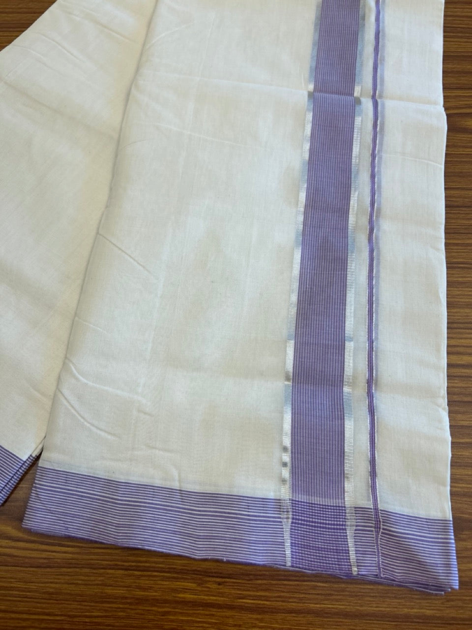 15% DISCOUNT!! KaithariKada HANDLOOM UNAKKUPAAV Balaramapuram - 100% PURE Cotton OFF White Double - (Unbleached) Mundu/Dothi - 2.25 inch Lavender & Silver Stripes Kara 4.5 Meters (10 Muzham) - 1KK5041SOM