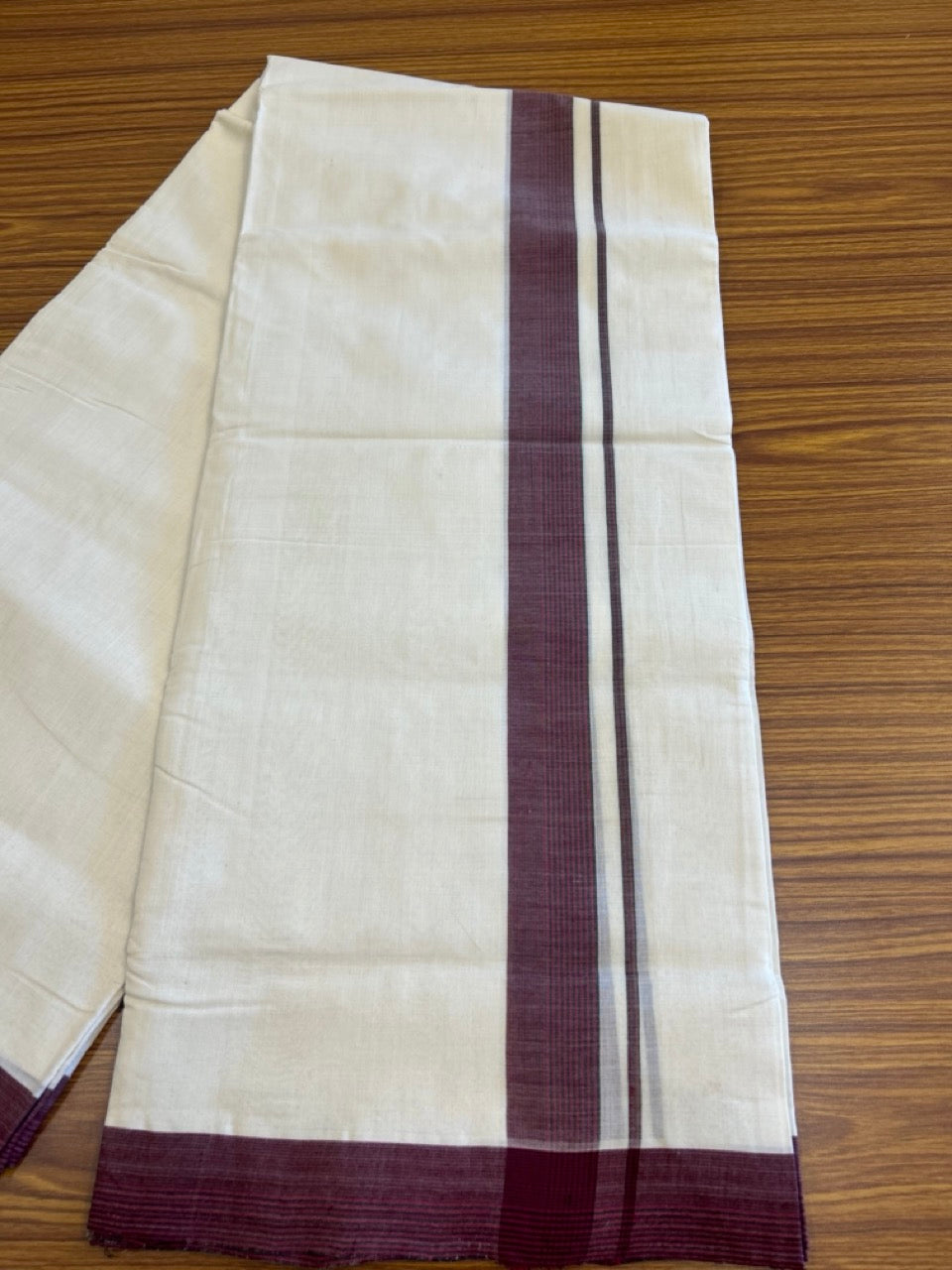 15% DISCOUNT!! KaithariKada HANDLOOM UNAKKUPAAV Balaramapuram - 100% PURE Cotton OFF White Double - (Unbleached) Mundu/Dothi - 2 inch Maroon & Black Stripes Kara 4.5 Meters (10 Muzham) - 2KK5041SOM