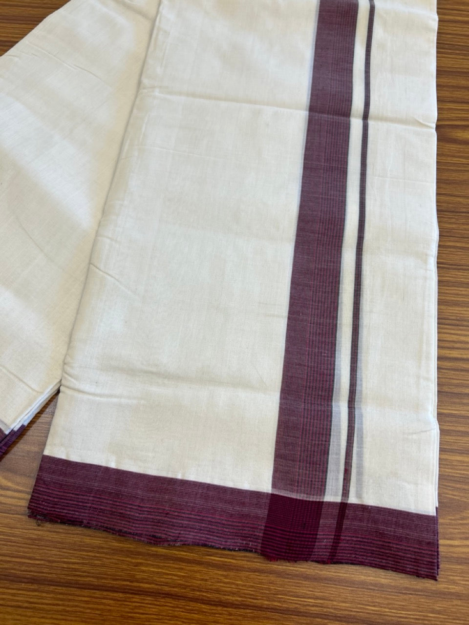 15% DISCOUNT!! KaithariKada HANDLOOM UNAKKUPAAV Balaramapuram - 100% PURE Cotton OFF White Double - (Unbleached) Mundu/Dothi - 2 inch Maroon & Black Stripes Kara 4.5 Meters (10 Muzham) - 2KK5041SOM