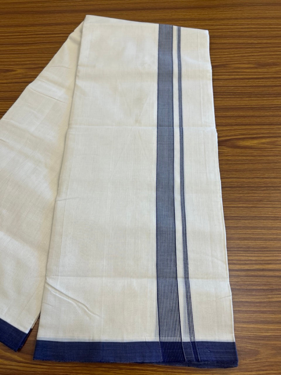 15% DISCOUNT!! KaithariKada HANDLOOM UNAKKUPAAV Balaramapuram - 100% PURE Cotton OFF White Double - (Unbleached) Mundu/Dothi - 1.75 inch Deep Blue Stripes Kara 4.5 Meters (10 Muzham) - 3KK5041SOM