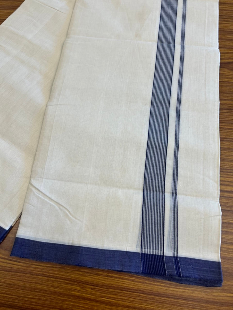 15% DISCOUNT!! KaithariKada HANDLOOM UNAKKUPAAV Balaramapuram - 100% PURE Cotton OFF White Double - (Unbleached) Mundu/Dothi - 1.75 inch Deep Blue Stripes Kara 4.5 Meters (10 Muzham) - 3KK5041SOM