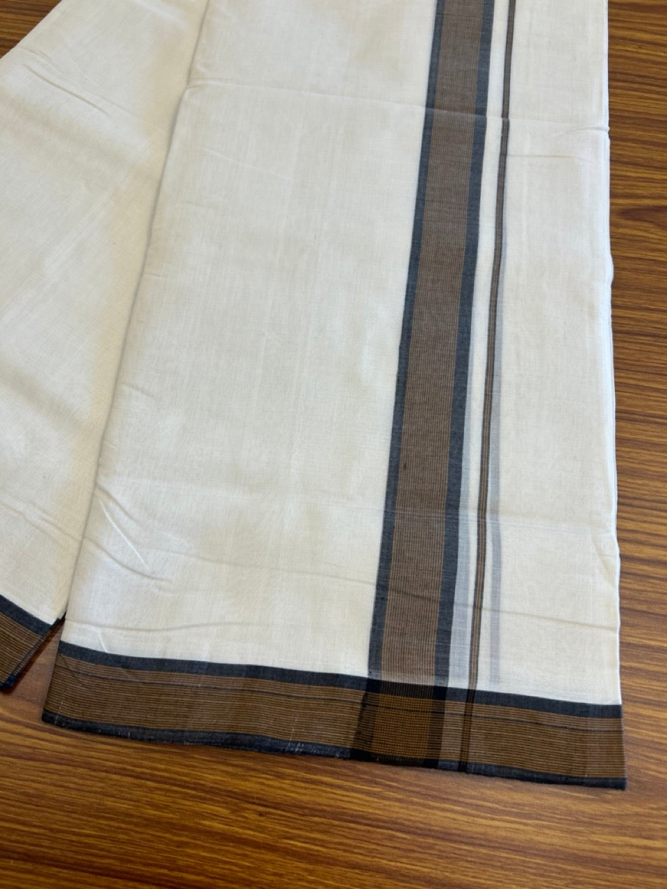 15% DISCOUNT!! KaithariKada HANDLOOM UNAKKUPAAV Balaramapuram - 100% PURE Cotton OFF White Double - (Unbleached) Mundu/Dothi - 2 inch Brown & Black Stripes Kara 4.5 Meters (10 Muzham) - 4KK5041SOM