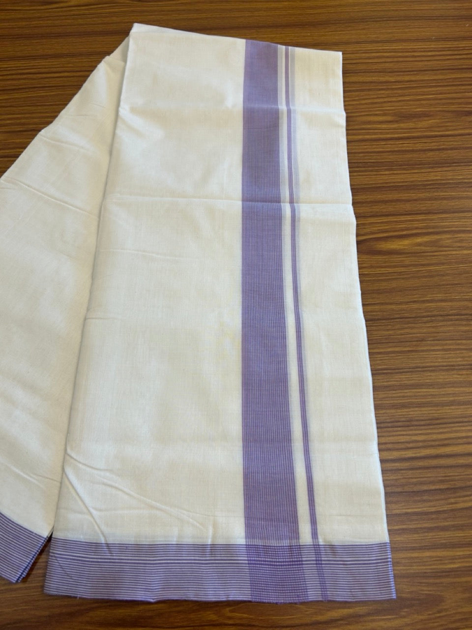 15% DISCOUNT!! KaithariKada HANDLOOM UNAKKUPAAV Balaramapuram - 100% PURE Cotton OFF White Double - (Unbleached) Mundu/Dothi - 2.25 inch Lavender Stripes Kara 4.5 Meters (10 Muzham) - 5KK5041SOM