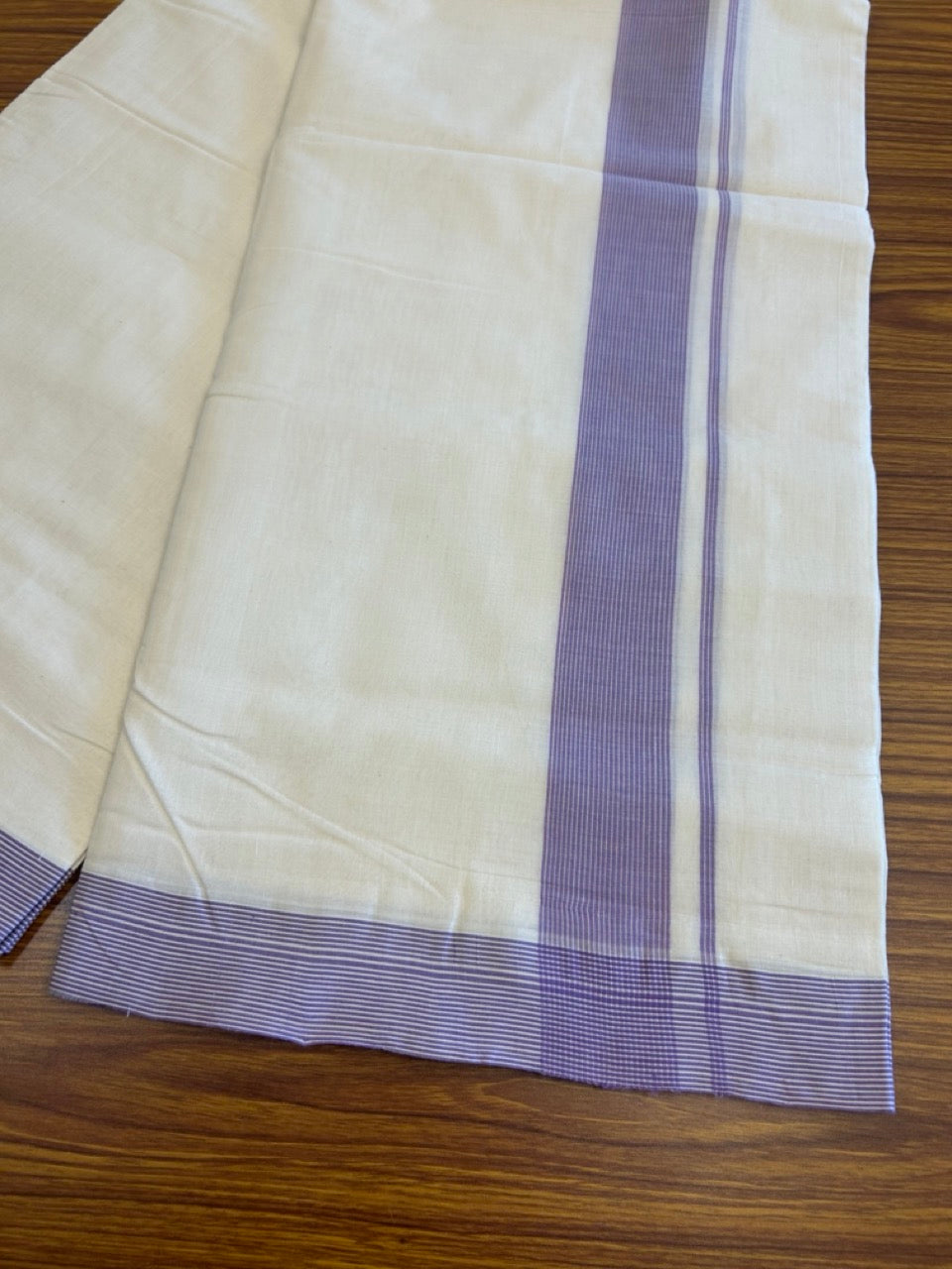 15% DISCOUNT!! KaithariKada HANDLOOM UNAKKUPAAV Balaramapuram - 100% PURE Cotton OFF White Double - (Unbleached) Mundu/Dothi - 2.25 inch Lavender Stripes Kara 4.5 Meters (10 Muzham) - 5KK5041SOM