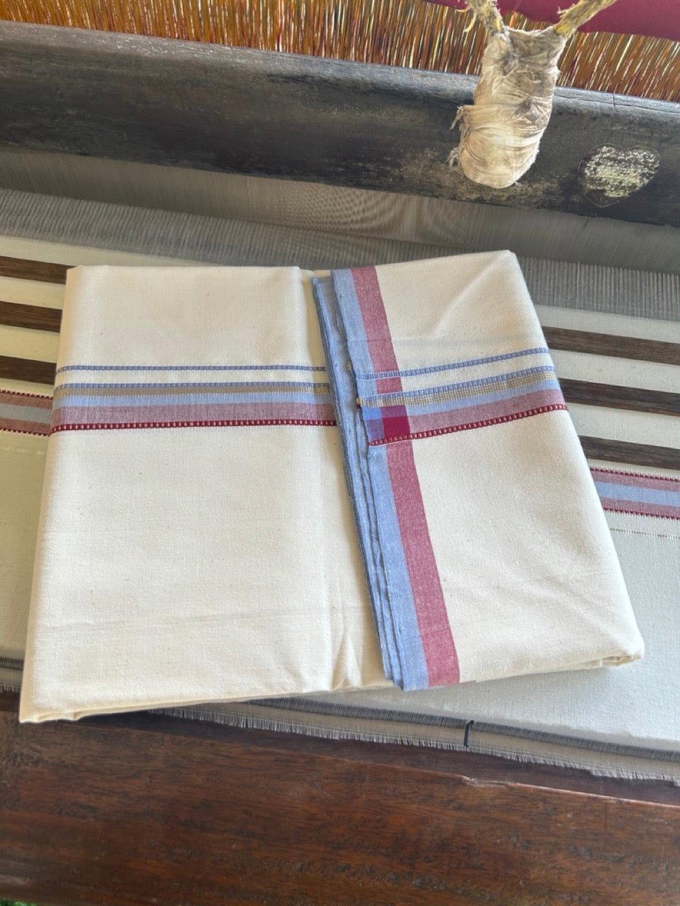 SIGNATURE KAITHARIKADA EXCLUSIVE SINGLE DHOTI - 30% Discount!!  100% Cotton Balaramapuram HANDLOOM Single Mundu/Dhoti - Off White - (Unbleached) 1 inch Lavender Blue & Maroon Kasavu striped Muthukuri kara  (2 meters /4 muzham) - 4KK5131KAI