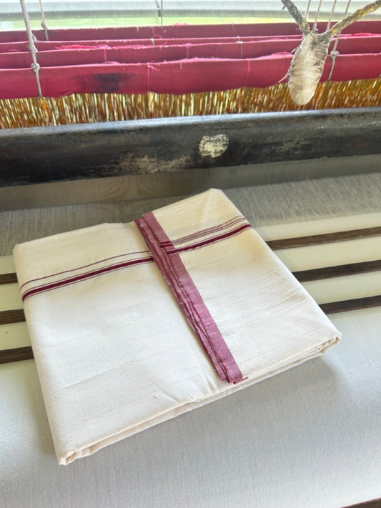 SIGNATURE KAITHARIKADA EXCLUSIVE SINGLE DHOTI - 100% Cotton Balaramapuram HANDLOOM Single Mundu/Dhoti - Off White - (Unbleached) 1 cm Maroon & Silver Striped KASAVU Chutty Kara - 3KK5040KAI