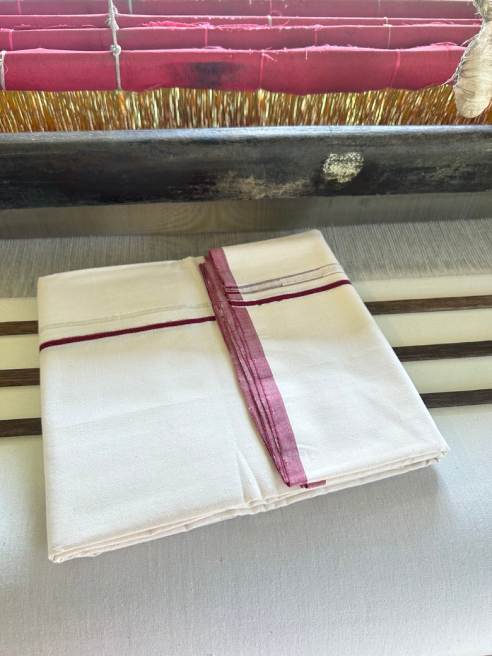 SIGNATURE KAITHARIKADA EXCLUSIVE SINGLE DHOTI - 100% Cotton Balaramapuram HANDLOOM Single Mundu/Dhoti - Off White - (Unbleached) 1 cm Maroon & Silver KASAVU Chutty Kara - 2KK5040KAI