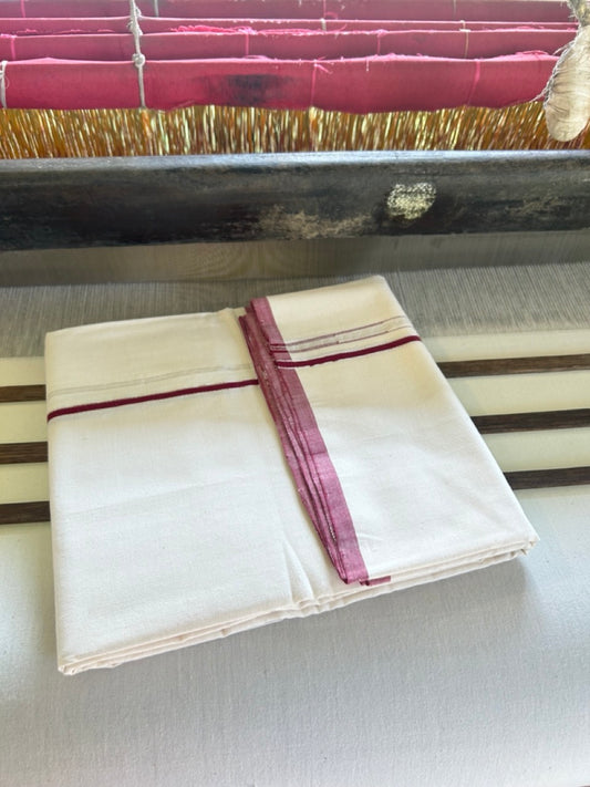 SIGNATURE KAITHARIKADA EXCLUSIVE SINGLE DHOTI - 100% Cotton Balaramapuram HANDLOOM Single Mundu/Dhoti - Off White - (Unbleached) 1 cm Maroon & Silver KASAVU Chutty Kara - 2KK5040KAI