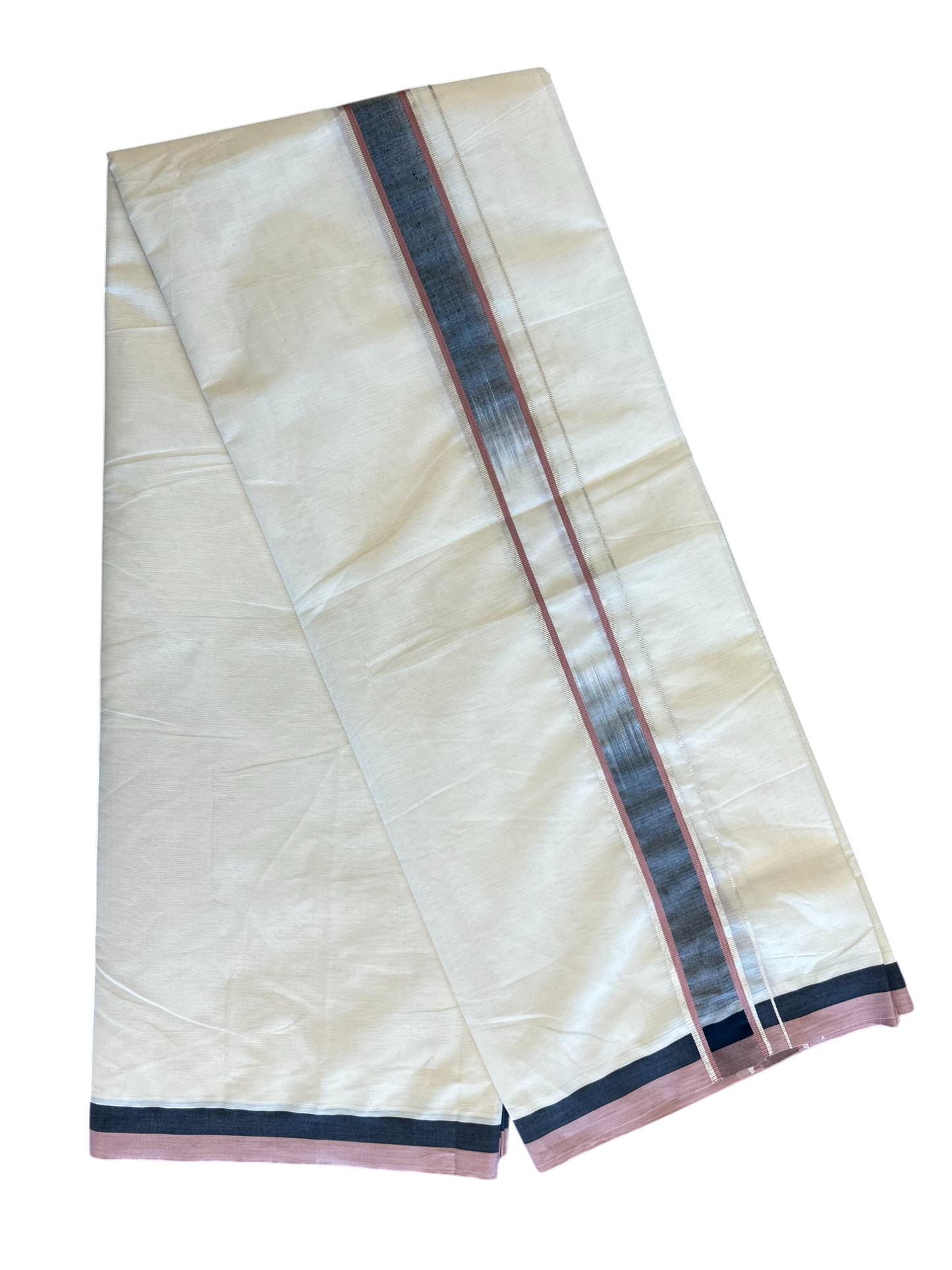 19% Discount!!! KaithariKada Balaramapuram  Double Off white - (Unbleached) Mundu/Dhoti - 80X90 - 2.25 inch Black & Dark Peach Silver Striped Designer Kara- 1KK5042KAI