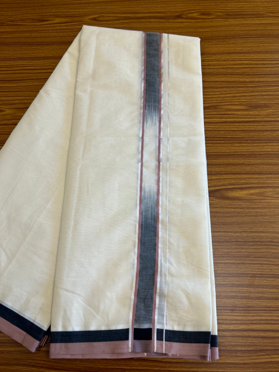 19% Discount!!! KaithariKada Balaramapuram  Double Off white - (Unbleached) Mundu/Dhoti - 80X90 - 2.25 inch Black & Dark Peach Silver Striped Designer Kara- 1KK5042KAI