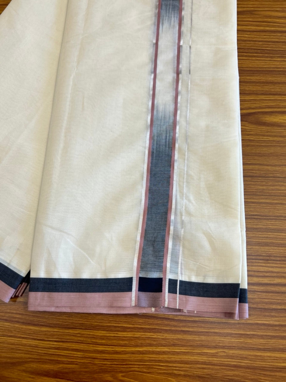 19% Discount!!! KaithariKada Balaramapuram  Double Off white - (Unbleached) Mundu/Dhoti - 80X90 - 2.25 inch Black & Dark Peach Silver Striped Designer Kara- 1KK5042KAI