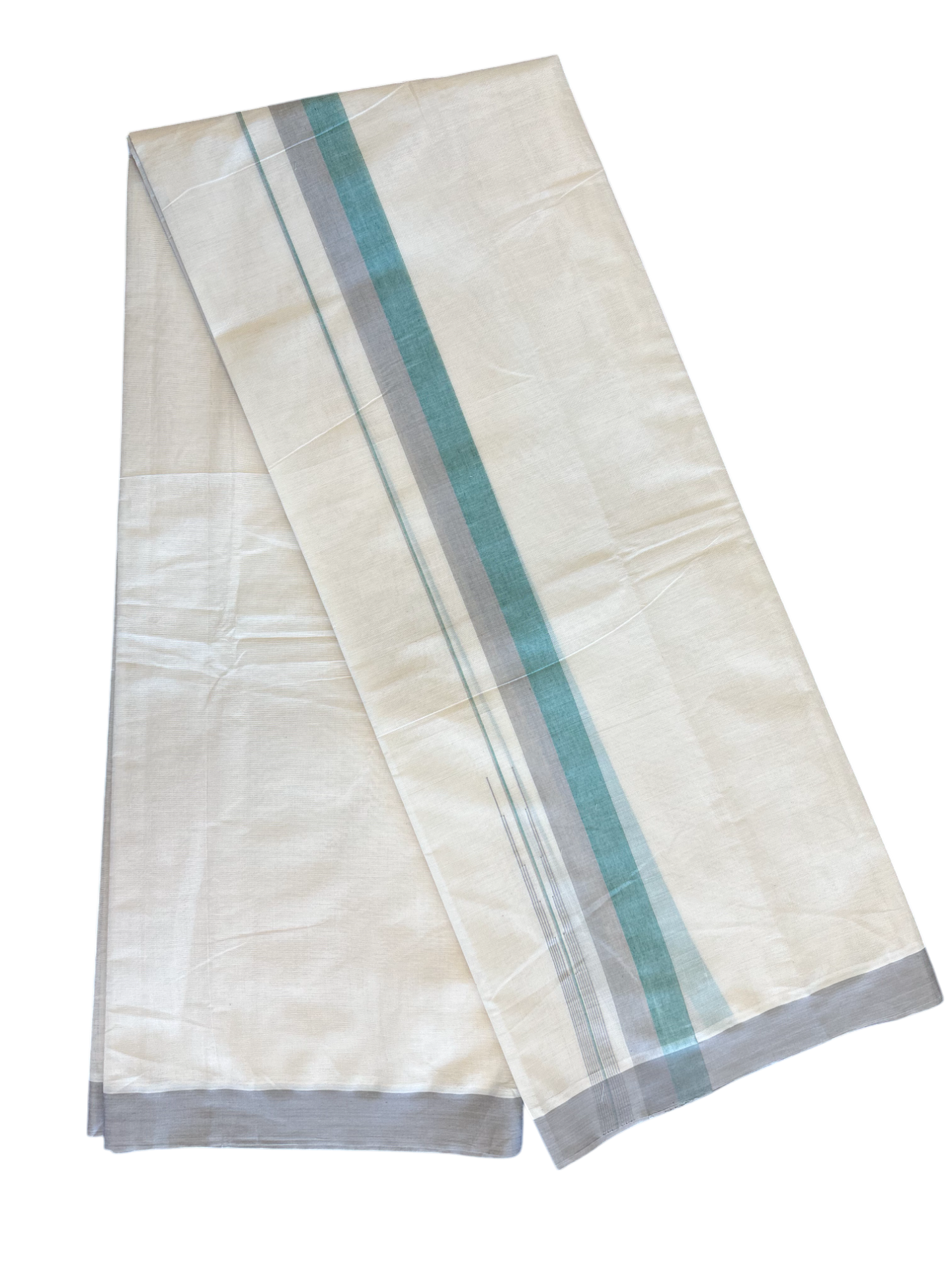 10% Discount!!! KaithariKada Balaramapuram  Double Off white - (Unbleached) Mundu/Dhoti - 80X90 - 1.75 inch Brownish Gray & Green puliyilakkara striped chutty - 2KK5042KAI