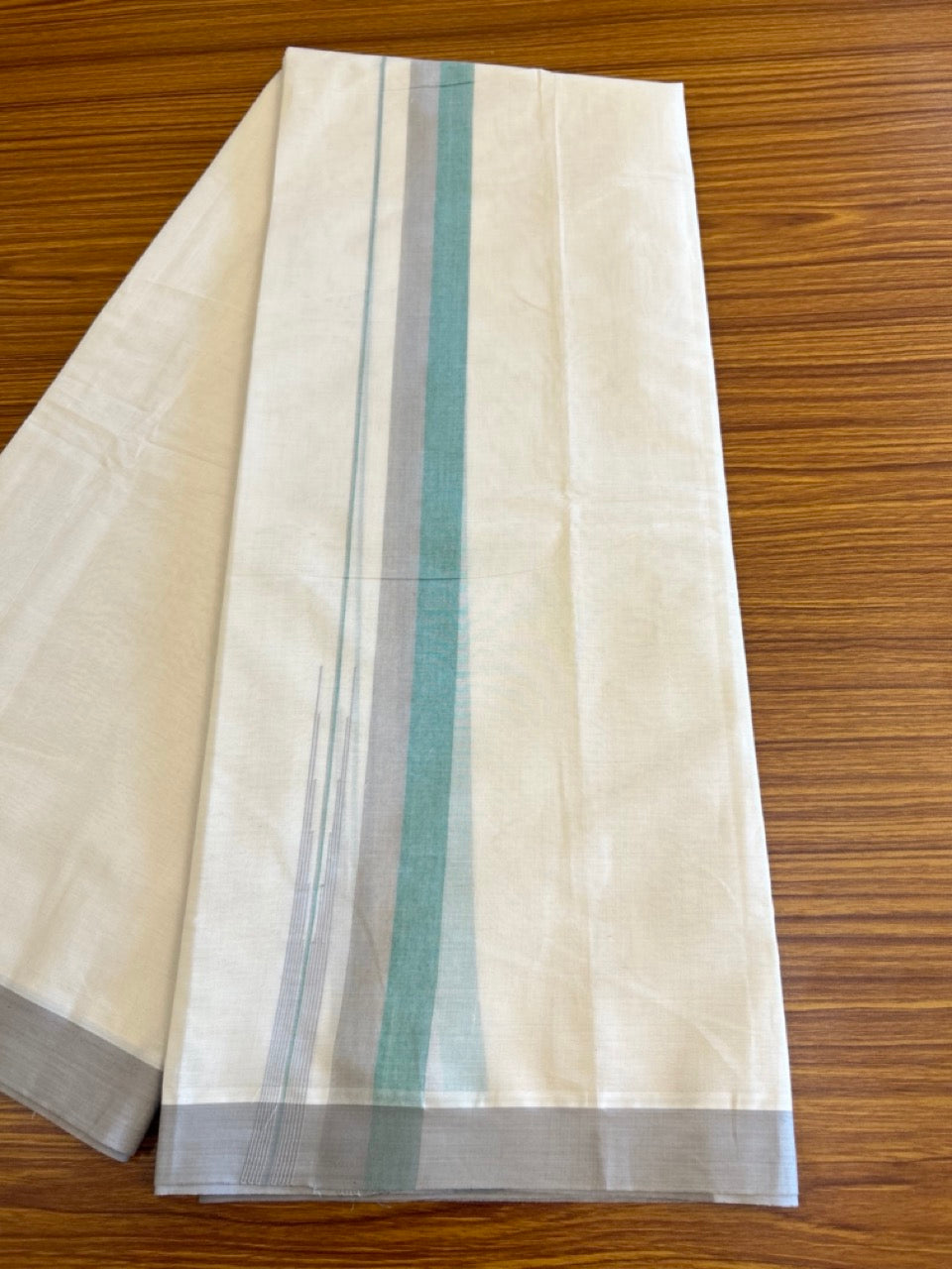 10% Discount!!! KaithariKada Balaramapuram  Double Off white - (Unbleached) Mundu/Dhoti - 80X90 - 1.75 inch Brownish Gray & Green puliyilakkara striped chutty - 2KK5042KAI