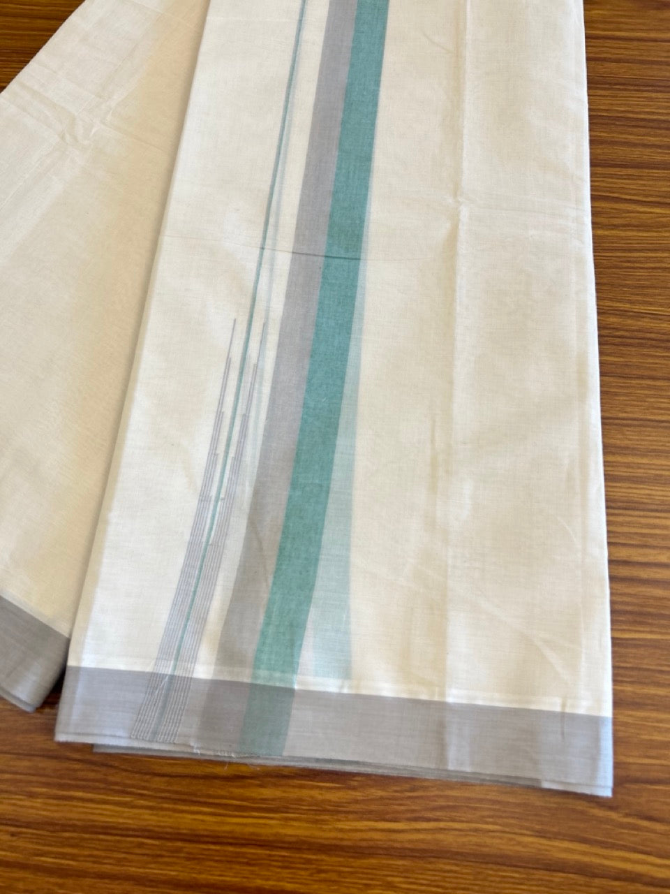 10% Discount!!! KaithariKada Balaramapuram  Double Off white - (Unbleached) Mundu/Dhoti - 80X90 - 1.75 inch Brownish Gray & Green puliyilakkara striped chutty - 2KK5042KAI