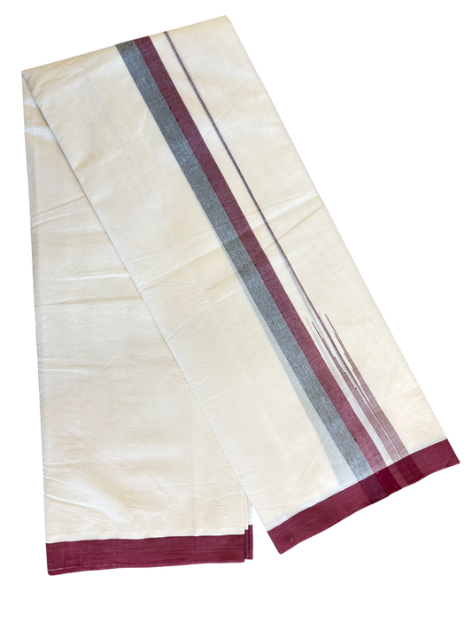 10% Discount!!! KaithariKada Balaramapuram  Double Off white - (Unbleached) Mundu/Dhoti - 80X90 - 1.75 inch Maroon & Black Shaded puliyilakkara striped chutty - 3KK5042KAI